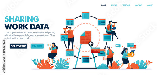 Sharing data and work document. Sharing jobs with economic gig in technology industry 4.0 and circulation in work plans or work programs. Human vector illustration for website, mobile apps and poster