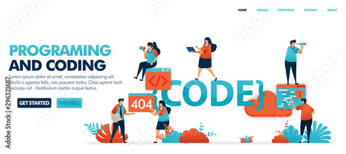 Coding and programming to find bugs in code set in solving error problems, 404, not found. Programming for software and mobile apps. Human vector illustration for website, mobile apps and poster