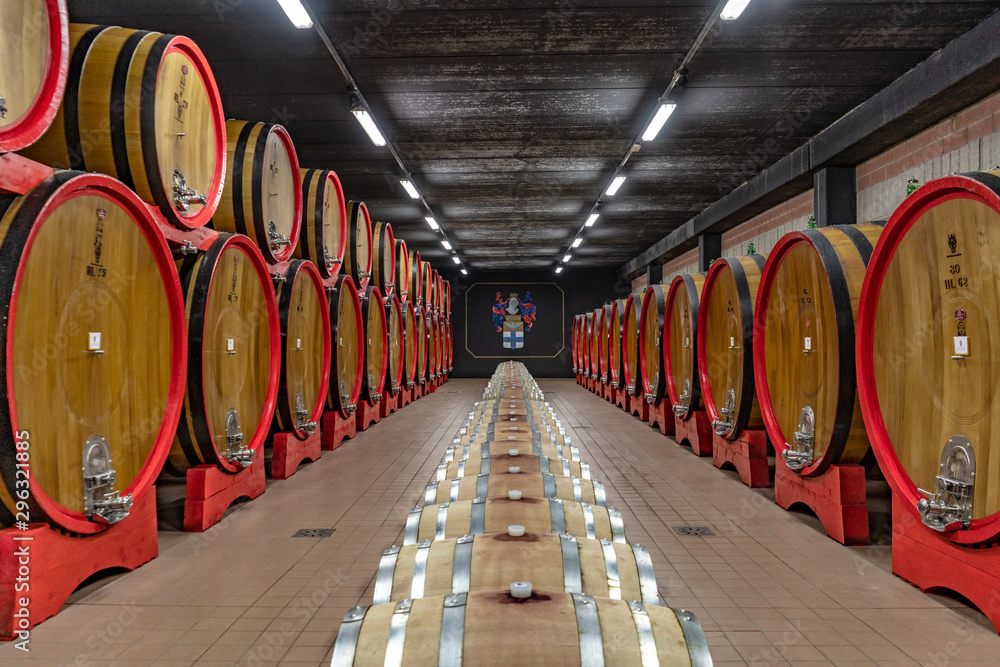 Inside a Wine Cellar With Oak Barrels