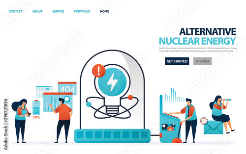 Nuclear alternative energy for electricity. Green energy for better future. Laboratory or lab for scientists to research data charging lithium battery. Human illustration for website, mobile, poster