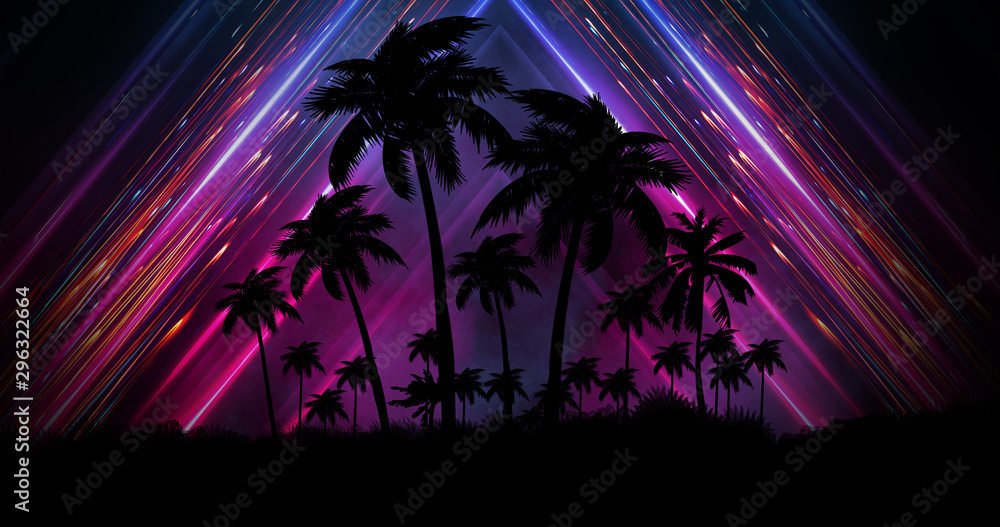Futuristic night landscape with neon abstract sunset. Coconut trees silhouette on the beach at night. Neon palm tree abstract light.
