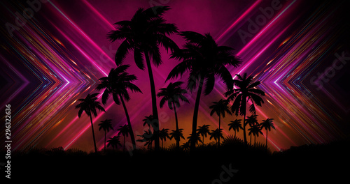 Futuristic night landscape with neon abstract sunset. Coconut trees silhouette on the beach at night. Neon palm tree abstract light. © MiaStendal