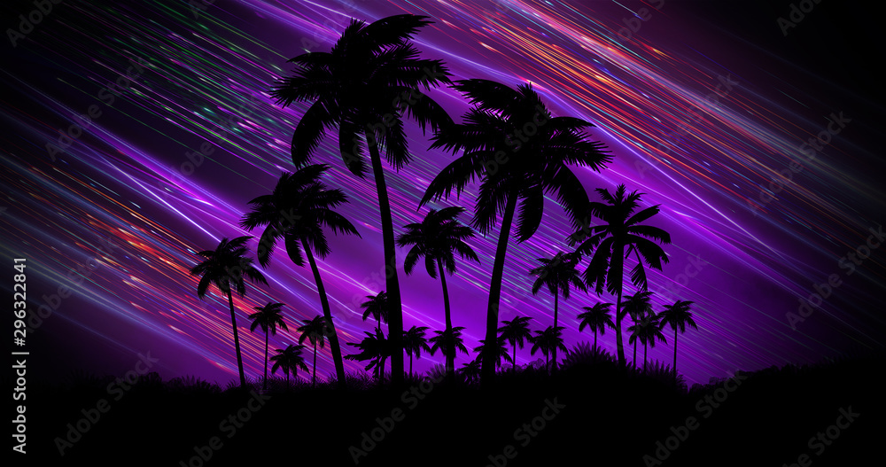 Naklejka premium Futuristic night landscape with neon abstract sunset. Coconut trees silhouette on the beach at night. Neon palm tree abstract light.