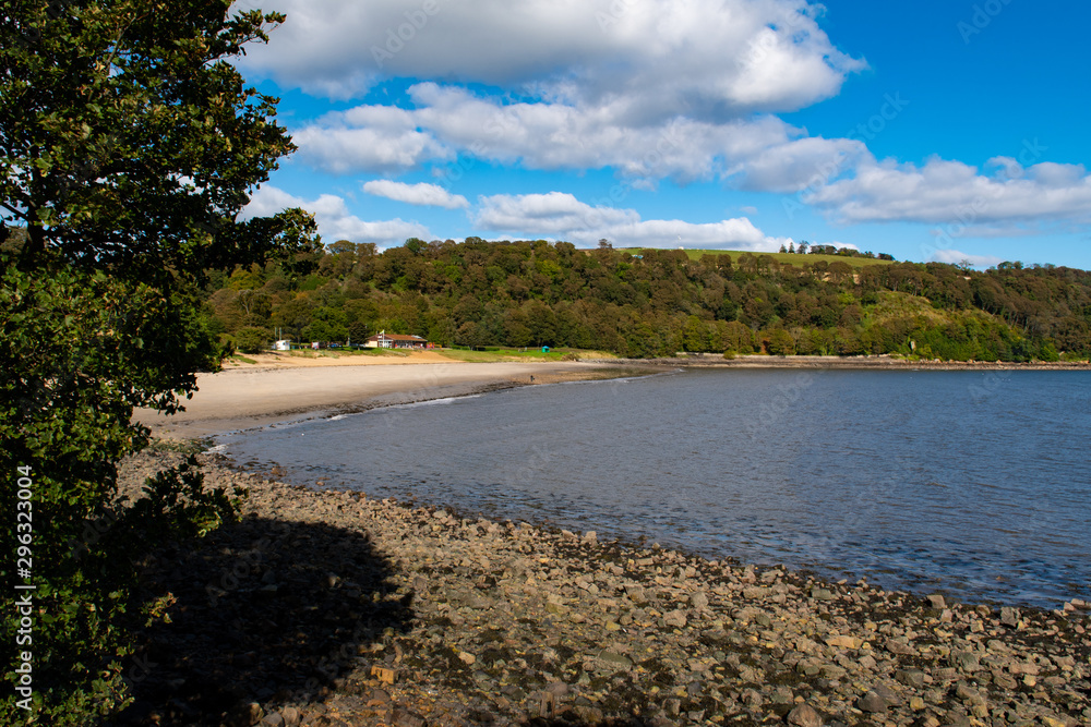 Beautiful Silver Sands beach in Aberdour and Firth of Forth estuary, Fife. Aberdour is a scenic and historic village on the south coast of Fife, Scotland. Photograph taken in autumn, October.