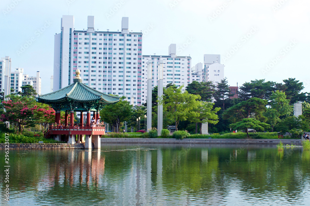 Pagoda with pond in summer in Seoul