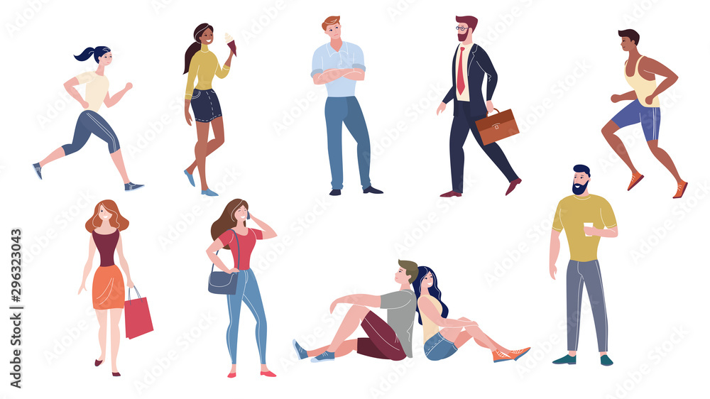 Young men and women flat vector illustrations set. Male and female caucasian models in casual and formal clothing cartoon characters. Sportive people, fashionable ladies, businessman and couple.