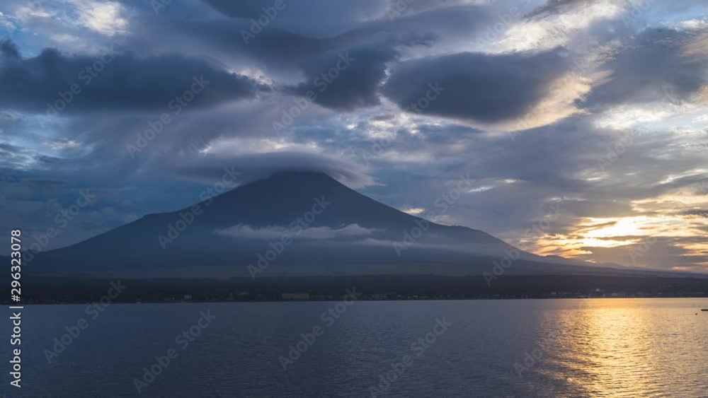 Timelapse of sunset Mt Fuji at lake Yamanaka with clouds Timelapse of sunset Mt Fuji at lake Yamanaka with clouds