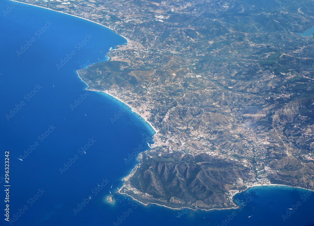 Aerial View of the Western Coast of Italy looking at the area around the town of Santa Maria di Castellabate.
