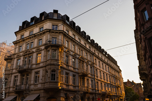 Building of the city center of freiburg in sunset