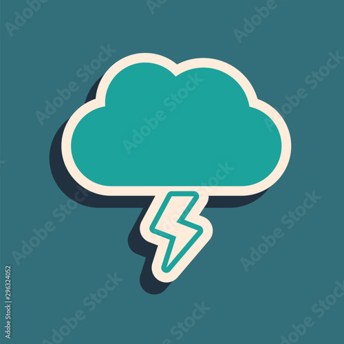 Green Storm icon isolated on blue background. Cloud and lightning sign. Weather icon of storm. Long shadow style. Vector Illustration