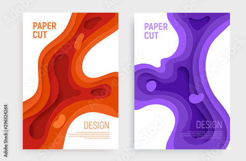 Paper cut banner set with 3D slime abstract background and orange, purple waves layers. Abstract layout design for brochure and flyer. Paper art vector illustration