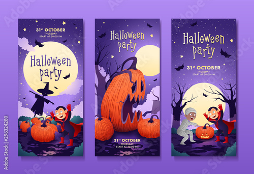 Halloween party flyers vector set. Halloween flyers with boys and pumpkins. 