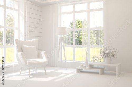Fototapeta Naklejka Na Ścianę i Meble -  Mock up of stylish room in white color with armchair and green landscape in window. Scandinavian interior design. 3D illustration
