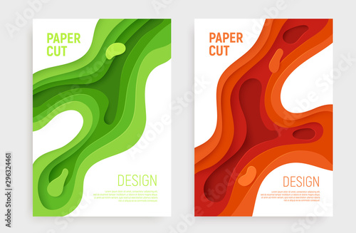 Paper cut banner set with 3D slime abstract background and green, orange waves layers. Abstract layout design for brochure and flyer. Paper art vector illustration