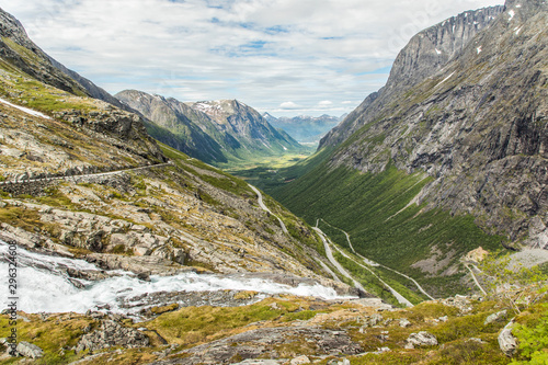 Trollstigen or Trolls Path is serpentine mountain road in Rauma Municipality in Norway