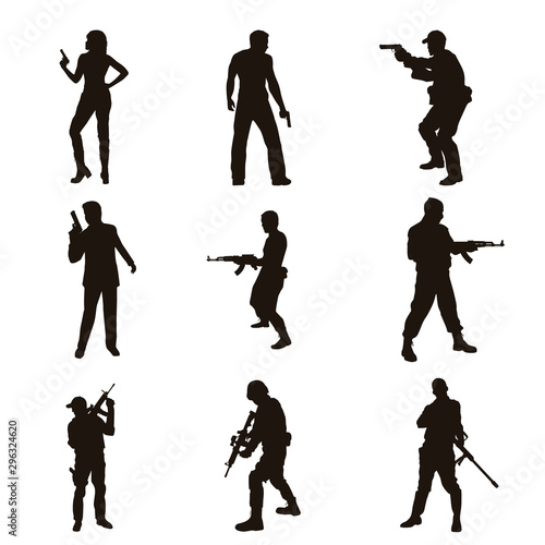 People Holding Firearms Silhouettes