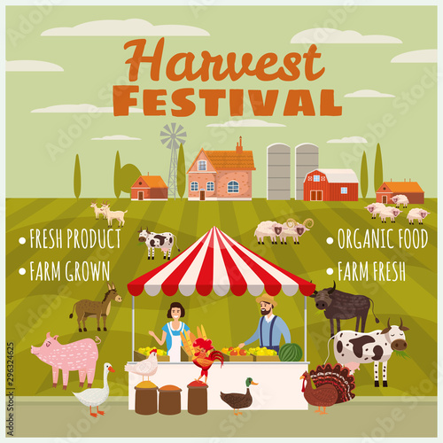 Harvest Festival Farmer Family Sell Harvest Products Grocery On Eco Farm Organic