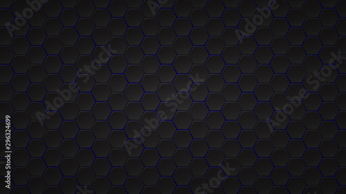 Abstract dark background of black hexagon tiles with blue gaps between them