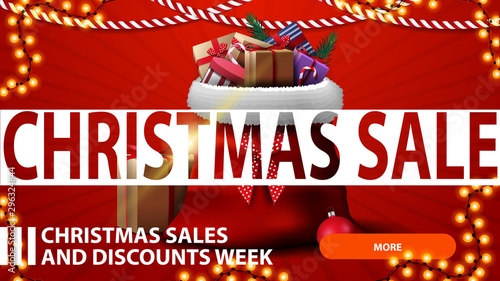 Christmas sales and discount week, red discount banner with Santa Claus bag with presents