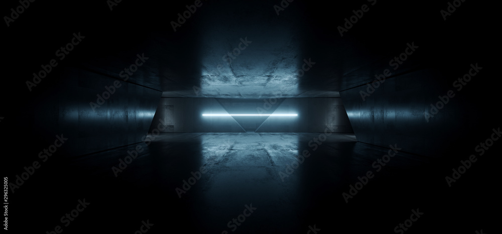 Obraz premium Alien Sci Fi Dark Futuristic Empty Cement Concrete Reflective Grunge Hall Underground Laser Beam Blue Garage Night Background Laser Line 3D Rendering
