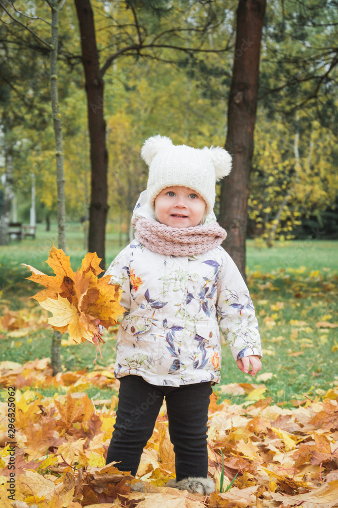 A beautiful little girl in the autumn park playing in nature A beautiful little girl in the autumn park playing in nature