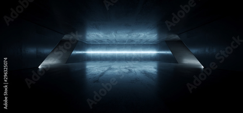 Alien Sci Fi Dark Futuristic Empty Cement Concrete Reflective Grunge Hall Underground Laser Beam Blue Garage Night Background Laser Line 3D Rendering