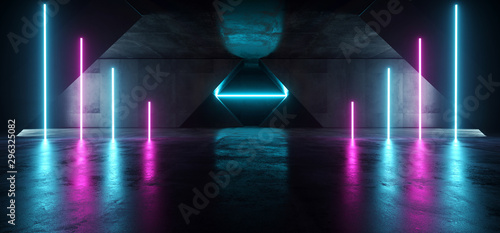 Alien Sci Fi Futuristic Virtual Cement Concrete Triangle Garage Hall Tunnel Corridor Blue Purple Vibrant Beam Neon Laser Glow Empty Background Reflections 3D Rendering