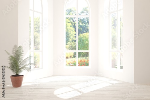 Stylish empty room in white color with summer landscape in window. Scandinavian interior design. 3D illustration © AntonSh