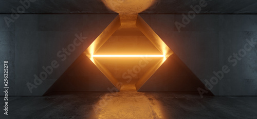 Alien Sci Fi Futuristic Virtual Cement Concrete Triangle Garage Hall Tunnel Corridor Orange Vibrant Beam Neon Laser Glow Empty Background Reflections 3D Rendering