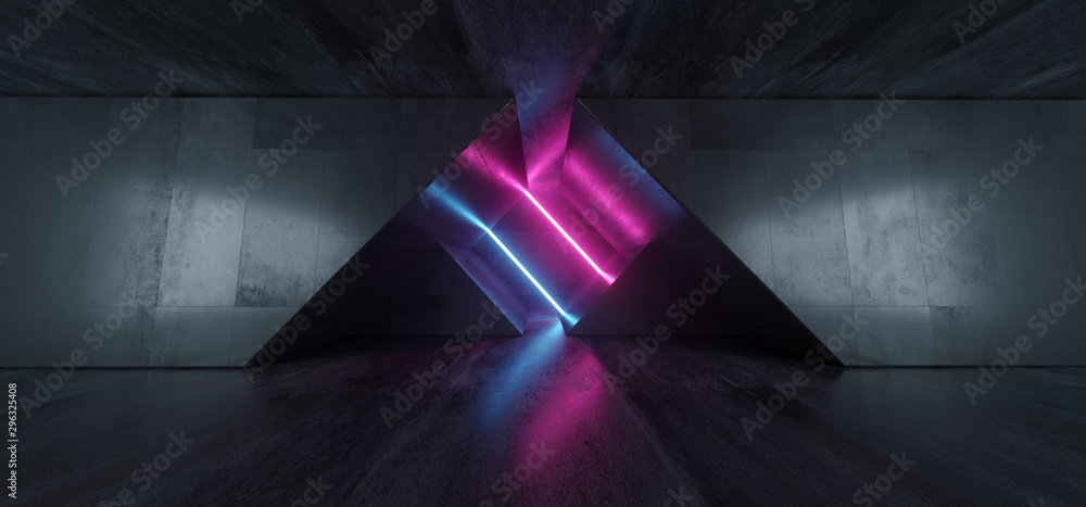 Cement Concrete Tunnel Corridor Laser Beams Purple Blue Stage Glowing Neon Retro Sci Fi Modern Futuristic Underground Garage Hallway Triangle Background 3D Rendering - obrazy, fototapety, plakaty 