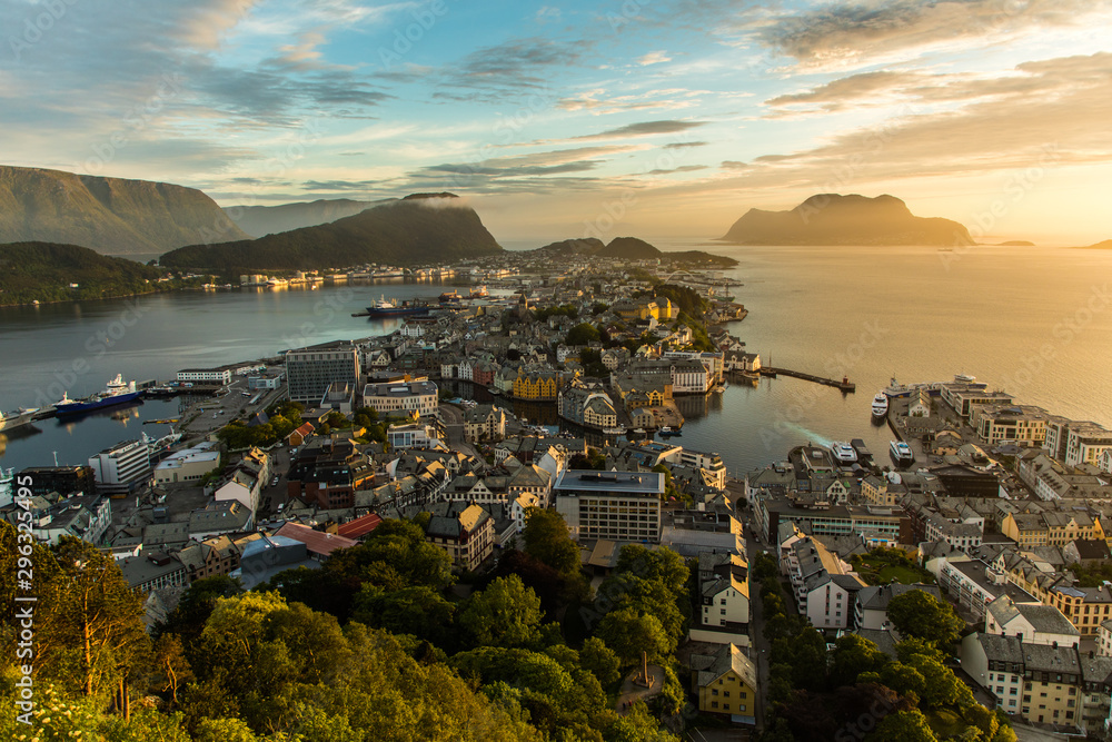 Cityscape of Alesund town at sunset. Norway