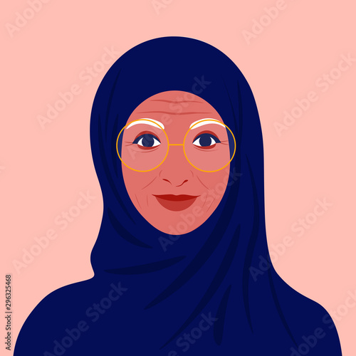 Avatar of an old Arab woman. Muslim woman in a headscarf. Portrait of a kind grandmother with glasses. Vector flat illustration