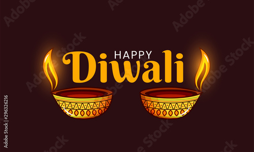 Happy Diwali festival celebration text typography. Use as banner, logo design etc. Indian festival of lights with oil lamp (diya). Happy diwali.