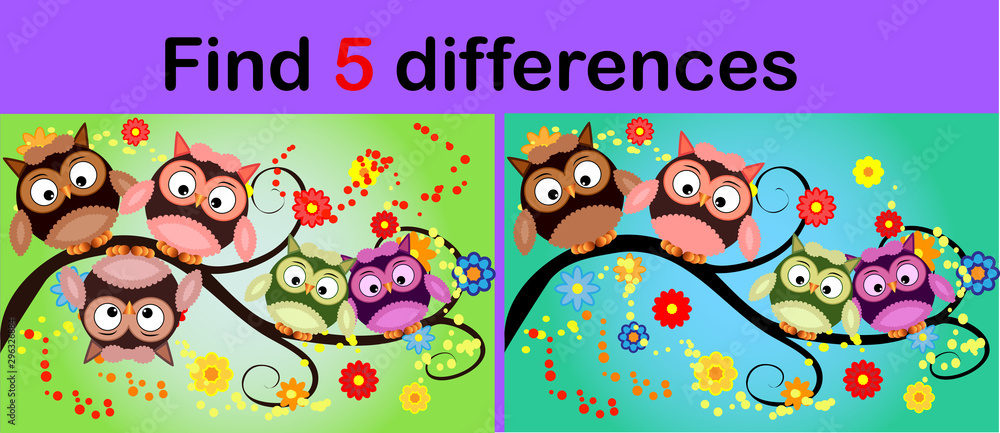 Fototapeta premium Cartoon Illustration of Find the Differences Educational Activity Game for Children with Owls