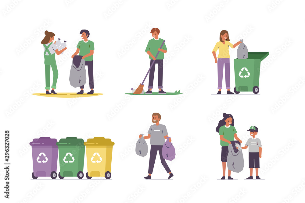 People characters gathering waste and cleaning nature. Woman, man and kid disposing garbage into separate bins. Paper, plastic and other household waste recycling. Flat cartoon vector illustration.