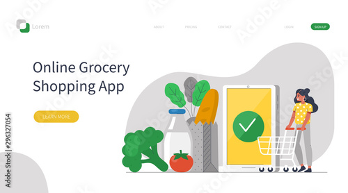 Woman Character with Trolley Buying Grocery Food Products in Mobile App. Order and Delivery in Online Supermarket. Grocery Shopping Online Concept. Flat Cartoon Vector Illustration. 