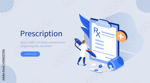 Doctor Character in Hospital filling Medical Rx Prescription Form. Pharmacist Choosing Dose for Medicament. Pharmacy Store and Health Care Concept. Flat Isometric Vector Illustration.