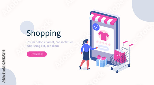  Woman Choosing Clothes in Online Store and Making Order. Female Character Shopping in Mobile App. E-Commerce and Online Delivery Concept. Flat Isometric Vector Illustration.