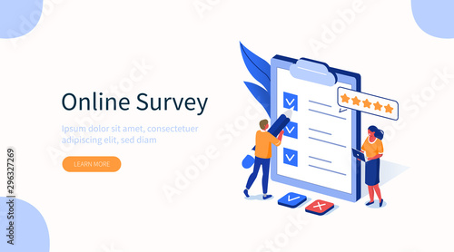  People Characters Filling Test in Customer Survey Form. Woman and Man putting Check Mark on Checklist. Customer Experiences and Satisfaction Concept. Flat Isometric Vector Illustration. photo