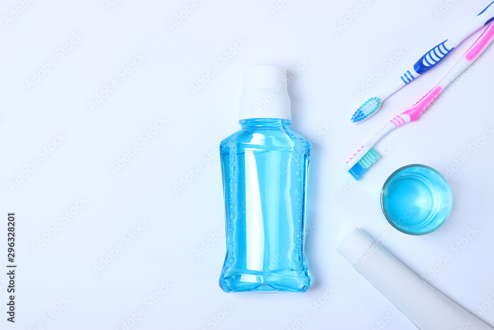 Flat composition for oral care and place for text on a light background. Dental hygiene Flat composition for oral care and place for text on a light background. Dental hygiene
