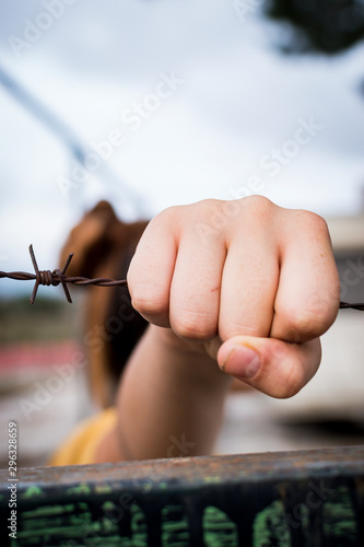 Hunger for freedom. The hands on the barbed wire.