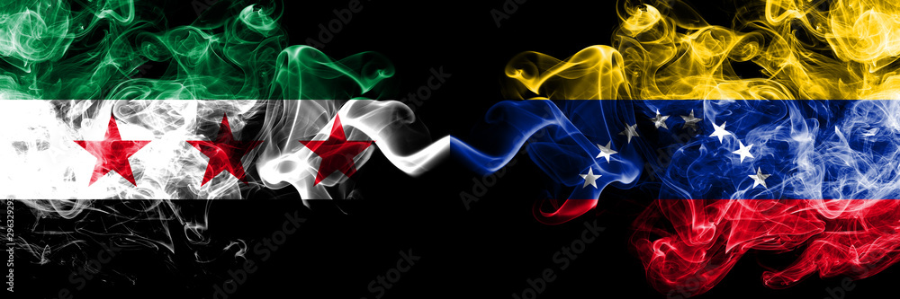 Syrian Arab Republic vs Venezuela, Venezuelan smoke flags placed side by side. Thick colored silky smoke flags of Syria opposition and Venezuela, Venezuelan