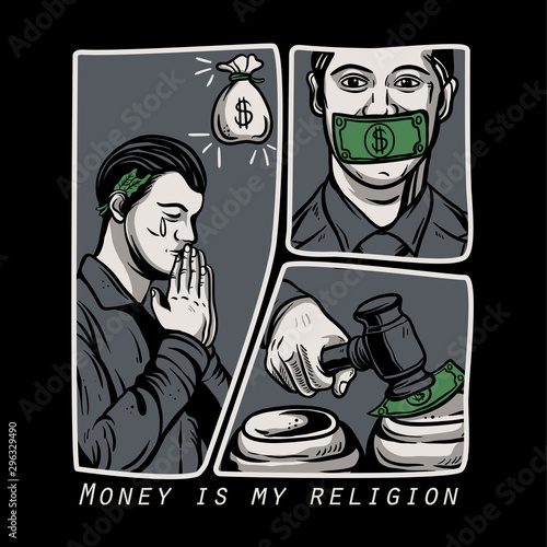 bussinesman praying for money bag vector illustration  / money politic / money is my religion / state officials knock the hammer. illustration of corruption theme