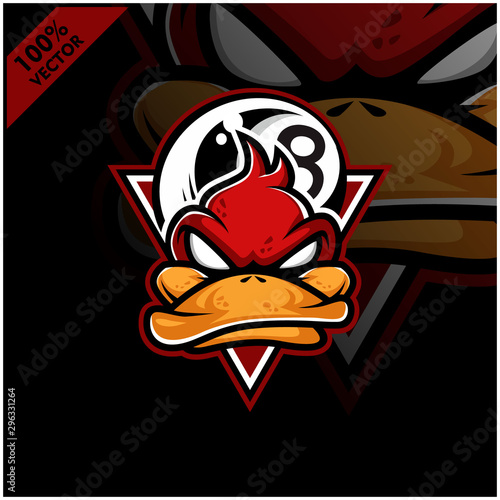 Vector sport logo, duck head illustration and billiard ball 8 on the shield background. Logo for sport club or team. Vector illustration	