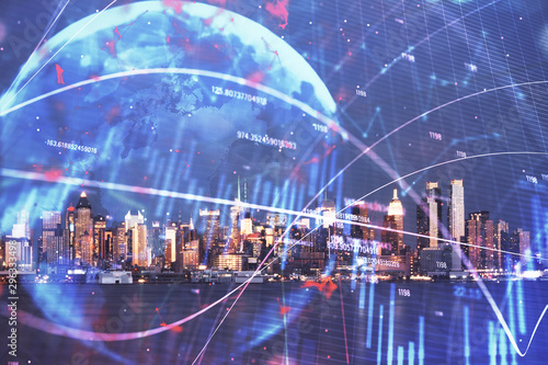 Financial graph on night city scape with tall buildings background double exposure. Analysis concept.