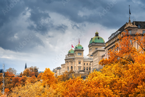 Cityscape Historical Architecture of Bern  Switzerland in Autumn.  Capital City Landscape Scenery and Travel Destination in Swiss  History Building and Landmark. European Traditional of Architectural.