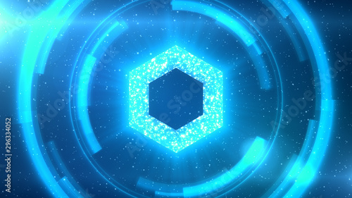 Obraz na plátně Blue Chainlink symbol on space background with HUD elements.