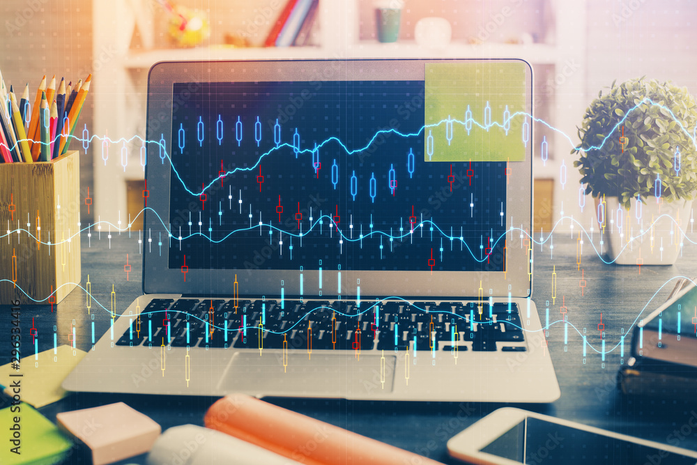 Multi exposure of forex graph and work space with computer. Concept of international online trading. Multi exposure of forex graph and work space with computer. Concept of international online trading.