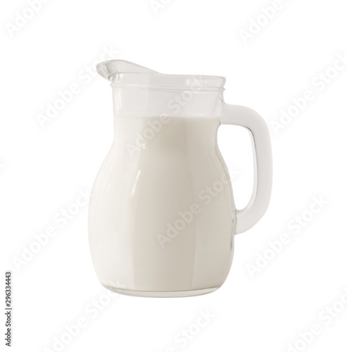 Side view of milk in transparent glass jar isolated on white background