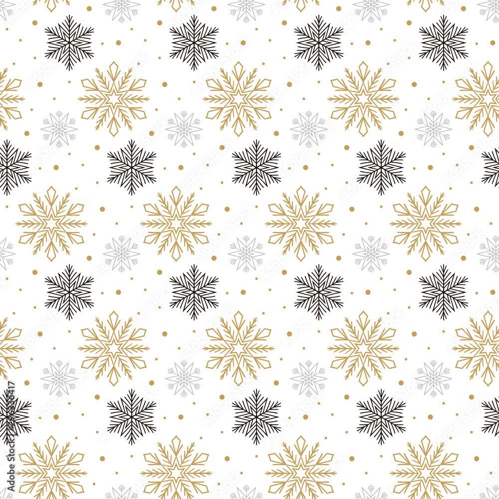 Seamless pattern with gold, black and gray snowflakes isolated on white background. Christmas design. Could be used for gift wrapping paper, prints, fabrics, textiles, web design Seamless pattern with gold, black and gray snowflakes isolated on white background. Christmas design. Could be used for gift wrapping paper, prints, fabrics, textiles, web design